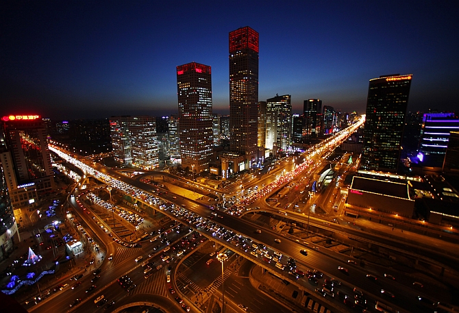 A view of the city skyline from the Zhongfu Building at night in Beijing
