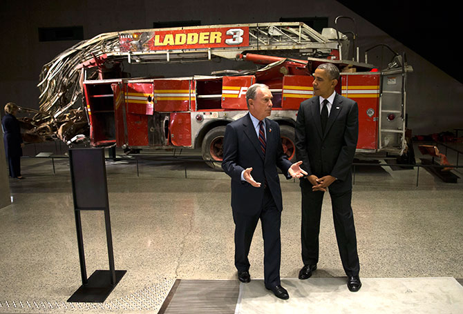 President Barack Obama and former New York Mayor Michael Bloomberg near Ladder 3 at the 9/11 Memorial Museum.