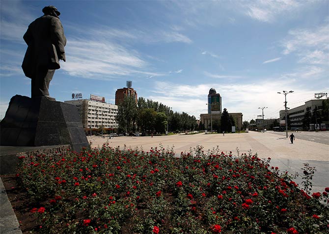 The central square near a statue of Lenin in Donetsk.