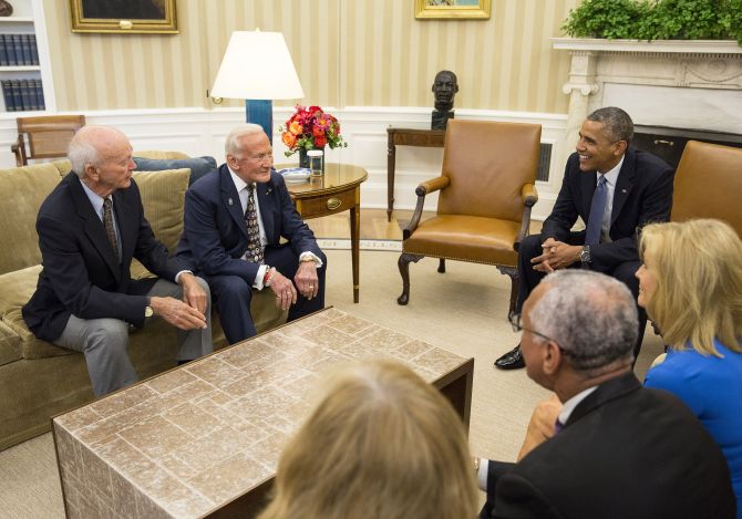 US President Barack Obama meets with Apollo 11 astronauts Edwin 'Buzz' Aldrin and Michael Collins. 