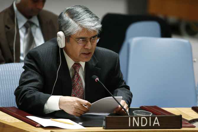 India's Ambassador to the United Nations Asoke Kumar Mukerji addresses the Security Council during the meeting about the situation in Palestine at the UN, July 22.