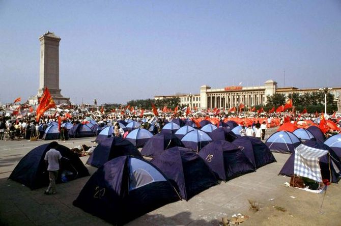 Pro-democracy demonstrators pitch tents in Beijing's Tiananmen Square