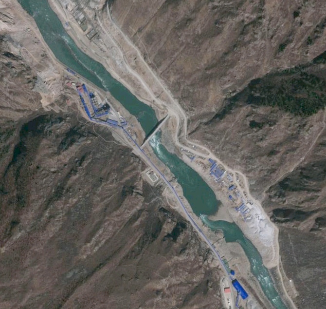A satellite photo of the under-construction Zangmu dam that China is building on the Brahmaputra in the Tibet Autonomous Region