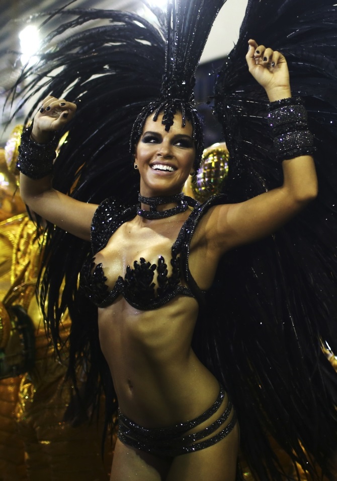 Drum Queen Mariana Rios from the Mocidade Independente samba school dances in the annual Carnival parade in Rio de Janeiro's Sambadrome