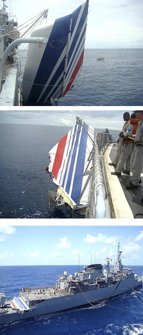 A combination photo shows the Brazilian navy picking debris from Air France flight AF447 out of the Atlantic Ocean, some 745 miles (1,200 km) northeast of Recife, in these handout photos distributed by the navy in Recife, northeastern Brazil.