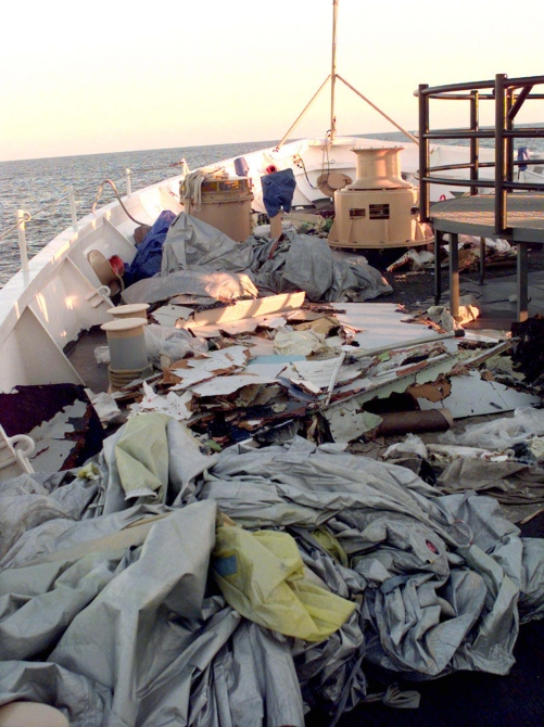 Debris from EgyptAir Flight 990, that crashed into the Atlantic Ocean 60 miles south of Nantucket Island, sits on the deck of Coast Guard Cutter Reliance.
