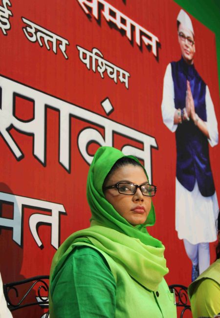 Rakhi Sawant interacting with mediapersons on her political plans, in Mumbai on Wednesday