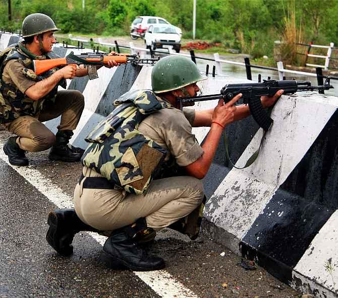 Soldiers engage in a gun-battle with suspected LeT terrorists at Katha near Jammu on Friday