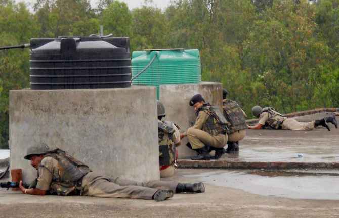 Soldiers engage in a gun-battle with suspected LeT terrorists at Katha near Jammu on Friday