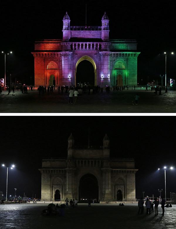 A combination picture shows the Gateway of India monument after (top) and during Earth Hour in Mumbai