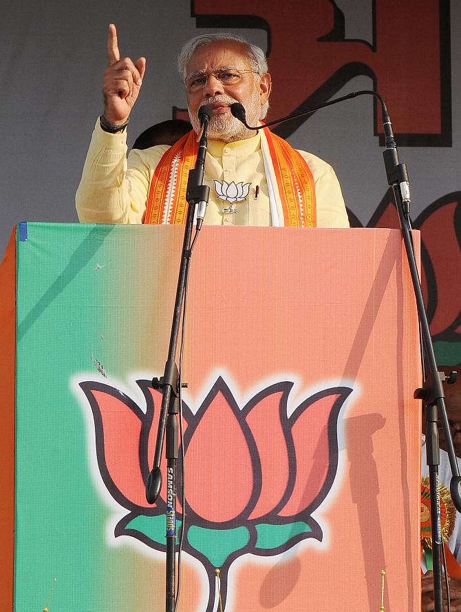 Narendra Modi addresses a rally in Krishnanagar, West Bengal