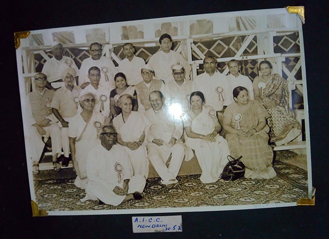 Victoria Nathan, seated on Indira Gandhi's left, at the All India Congress Committee headquarters in New Delhi.