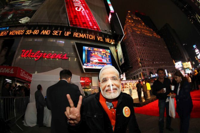 Modi supporters celebrate at Times Square on May 16