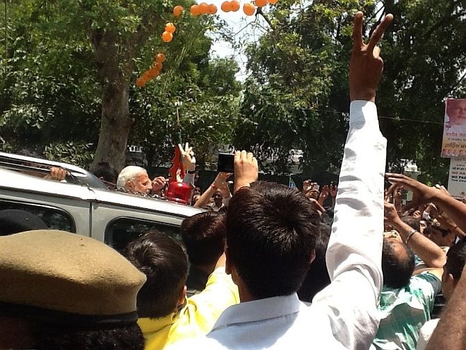A triumphant Narendra Modi arrives at the BJP's national headquarters, May 17, 2014. Photograph: Vaihayasi Pande Daniel/Rediff.com