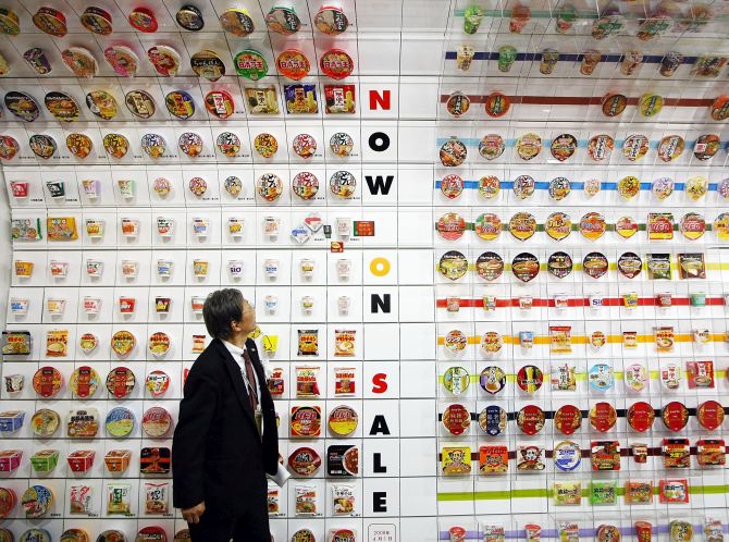 Instant cup noodles are on display at the Instant Ramen Museum.