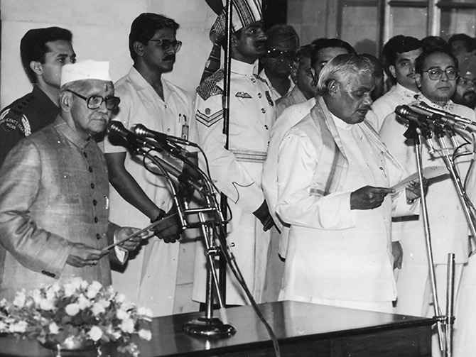 Atal Bihari Vajpaye being sworn in as the tenth prime minister on May 16, 1996, by then President Shankar Dayal Sharma.