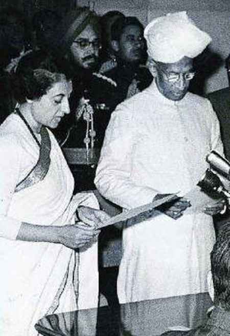 President Sarvepalli Radhakrishnan administers the oath of office to Indira Gandhi on January 24, 1966.