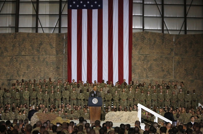 Obama speaks to US troops deployed in Afghanistan during an unannounced visit to Bagram Air Base in Kabul.