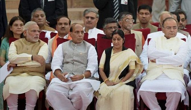 Prime Minister Narendra Modi with his top ministers at the swearing-in of the new government, May 16.