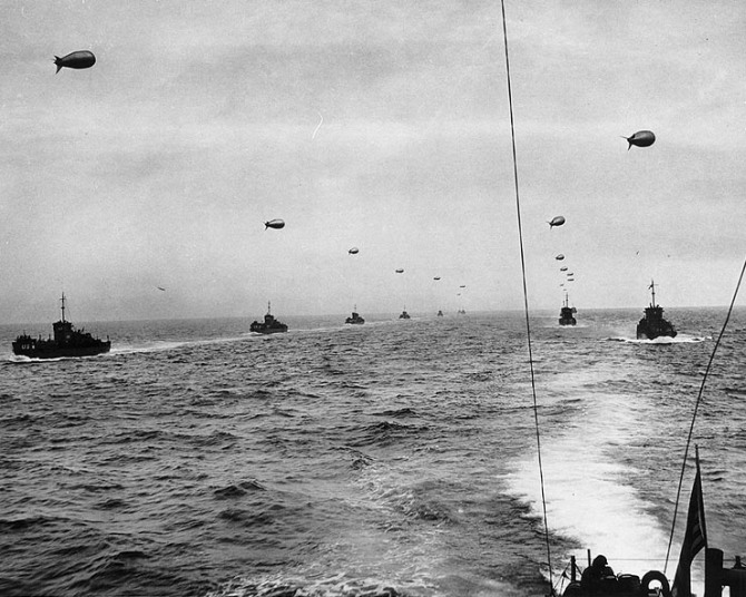 A convoy of Landing Craft Infantry sails across the English Channel toward the Normandy Invasion beaches on D-Day