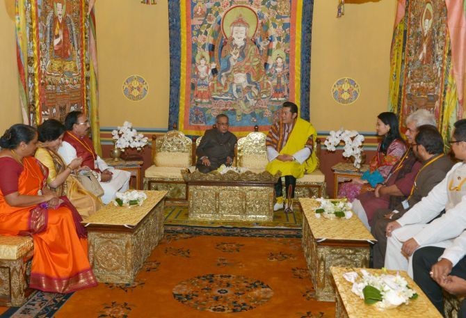 Then President Pranab Mukherjee meets Bhutan's King Jigme Khesar Namgyel Wangchuck at Tashichhodzong in Thimphu. Photograph: Rashtrapati Bhavan