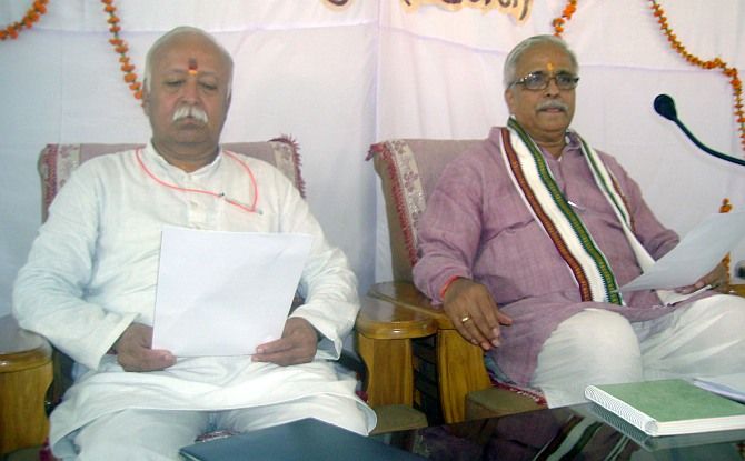 RSS Sarsanghchalak Mohan Bhagwat, left, with senior RSS leader Suresh Bhaiyaji Joshi. Photograph: Sandeep Pal.