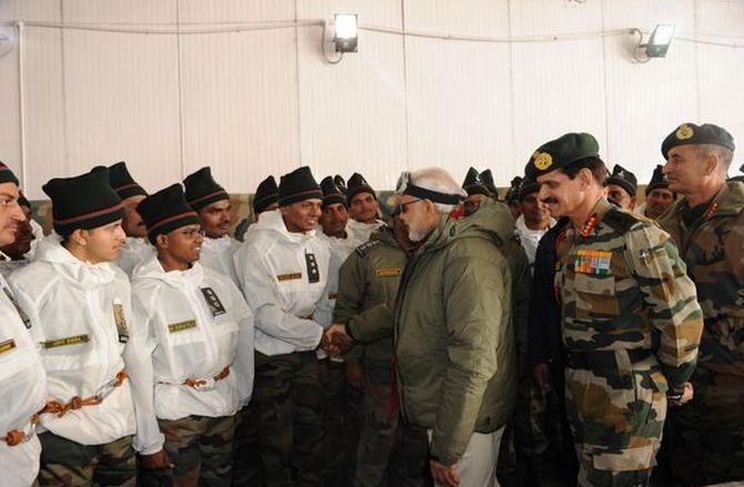 Prime Minister Narendra Modi with soldiers at the Siachen glacier, October 23, 2014.