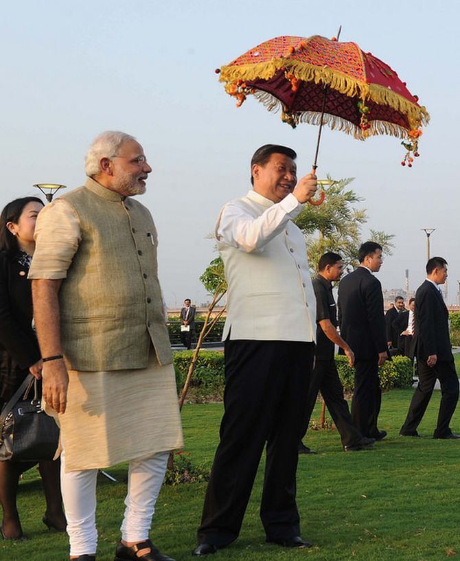 Prime Minister Narendra Modi and Chinese President Xi Jinping at Mahatma Gandhi's Ashram in Ahmedabad. Photograph: MEA/Flickr
