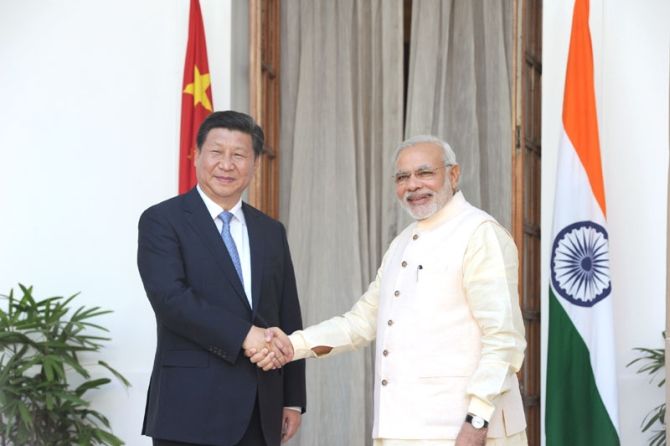 Chinese President Xi Jinping with Prime Minister Narendra Modi at Hyderabad House, New Delhi, September 2014. Photograph: PIB