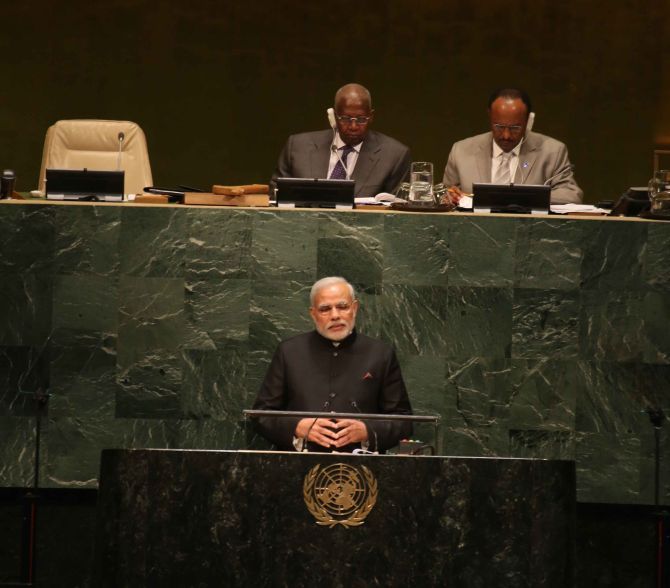 Prime Minister Narendra Modi at the United Nations last year. Photograph: Paresh Gandhi/Rediff.com
