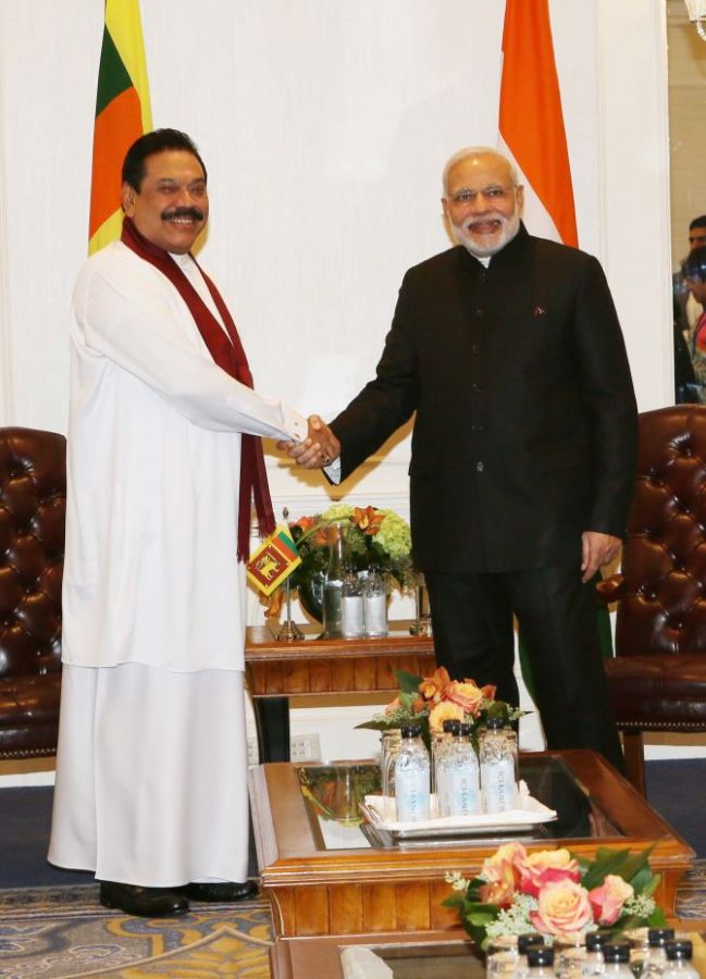 Then Sri Lankan president Mahinda Rajapaksa, left, with Prime Minister Narendra Damodardas Modi in New York, September 2014. Photograph: Paresh Gandhi for Rediff.com