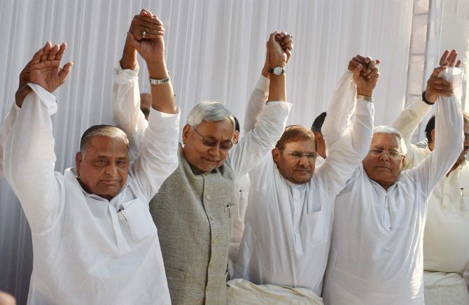 Mulayam Singh Yadav, Nitish Kumar, Sharad Yadav and Lalu Prasad Yadav at the announcement of the merger of the Janata Parivar last year, which fell through. Photograph: PTI