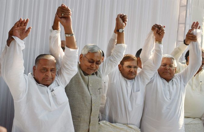 Mulayam Singh, Nitish Kumar Sharad Yadav and Lalu Prasad Yadav at the announcement of the merger of the Janata Parivar in 2015, which fell through. Photograph: PTI