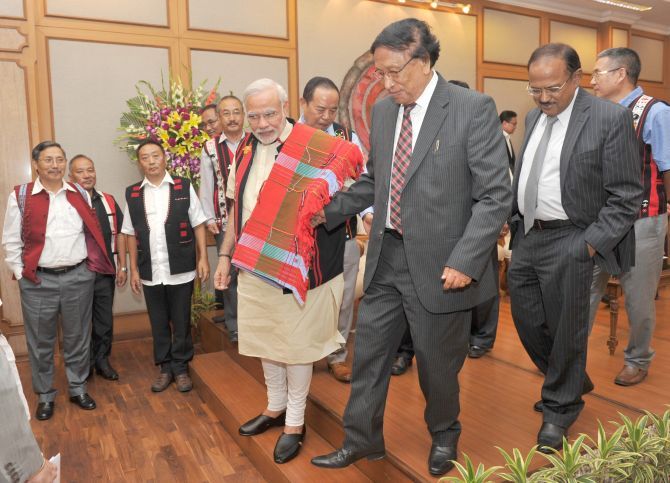 Prime Minister Narendra Modi with Nationalist Socialist Council of Nagaland leader Thuingaleng Muivah. National Security Advisor Ajit Doval and other NSCN leaders are also seen. Photograph: Press Information Bureau