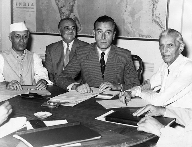  The conference in New Delhi where Lord Louis Mountbatten disclosed Britain's plan for the Partition of India. Left to Right: Jawaharlal Nehru, Lord Ismay, adviser to Mountbatten, Lord Mountbatten, and Mohammad Ali Jinnah. Photograph: Keystone/Getty Images.