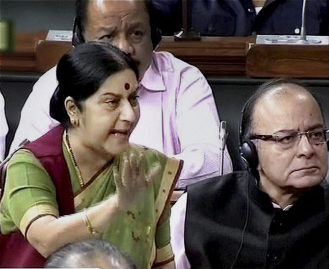 External Affairs Minister Sushma Swaraj in Parliament, August 12.