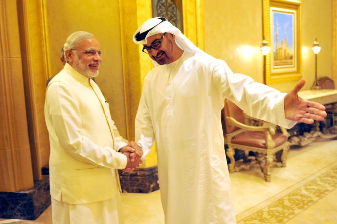 Prime Minister Narendra Modi with the Crown Prince of Abu Dhabi Sheikh Mohammed bin Zayed Al Nahyan in Abu Dhabi, UAE. Photograph: Press Information Bureau