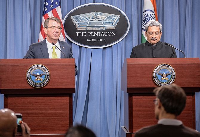 US Defence Secretary Dr Ashton Carter and Defence Minister Manohar Parrikar at the Pentagon.