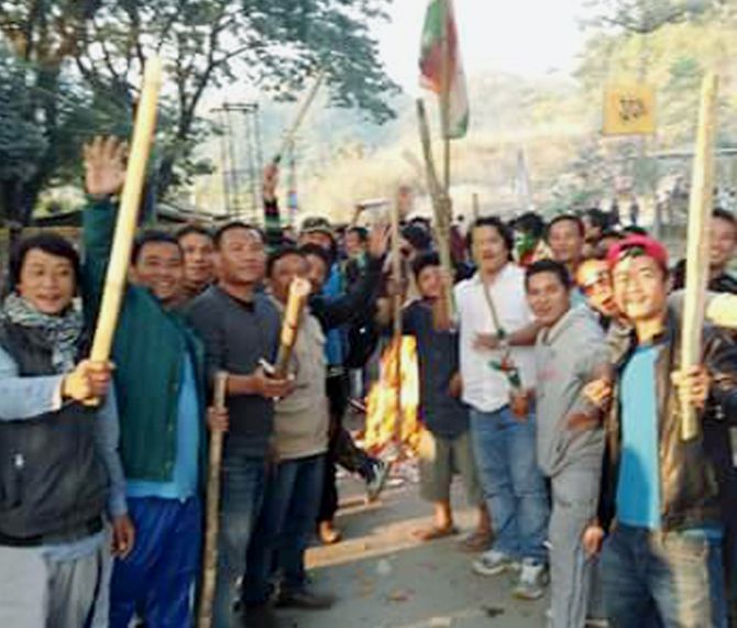 Demonstrators protest in Arunachal Pradesh. Photograph: PTI