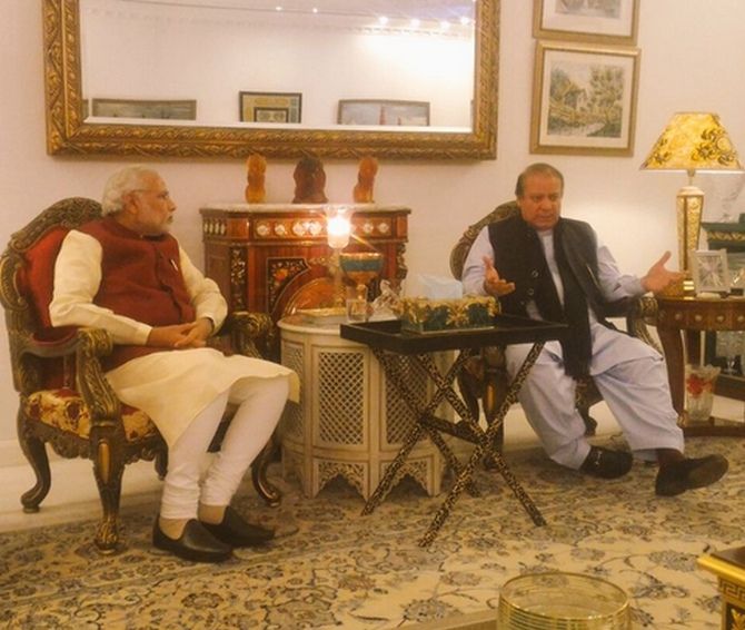Prime Minister Narendra Modi with his Pakistani counterpart Nawaz Sharif at the latter's granddaughter's wedding ceremony in Lahore. Photograph: MEA/Twitter