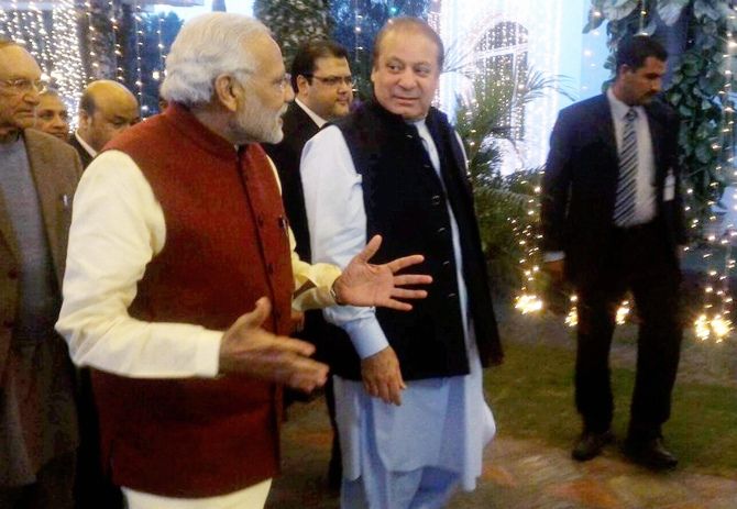 Prime Minister Narendra Modi with Pakistan Prime Minister Nawaz Sharif in Lahore, December 25, 2015.
