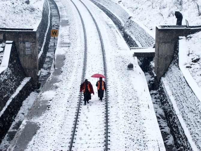 The snow covered Srinagar Banihal railway track. Photograph: Umar Ganie