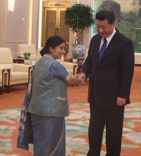 Chinese President Xi Jinping broke protocol to meet External Affairs Minister Sushma Swaraj on her visit to Beijing. Photograph: MEA/Flickr