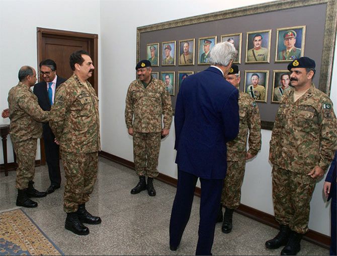Pakistan army chief General Raheel Sharif, third from left, introduces US Secretary of State John Kerry to some of his top generals before a military briefing during his visit to Pakistan's army headquarters in Rawalpindi, January 13, 2015. Photograph: US State Department