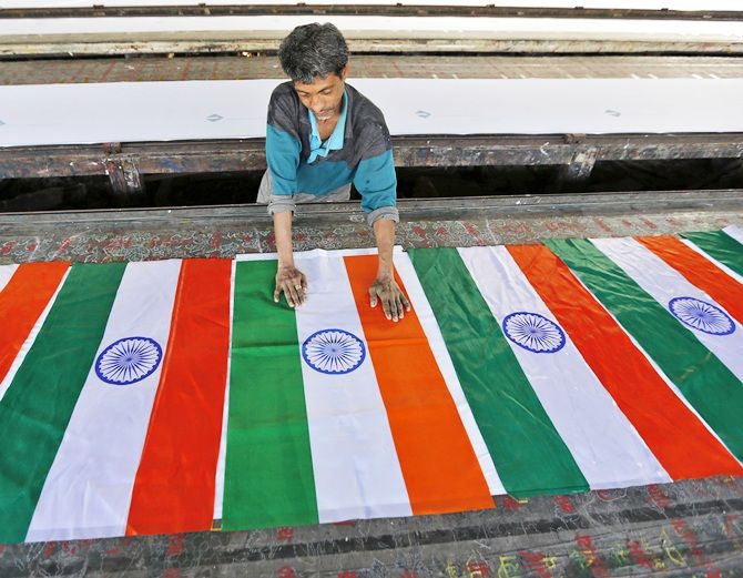 The national flag being made in a workshop in Ahmedabad