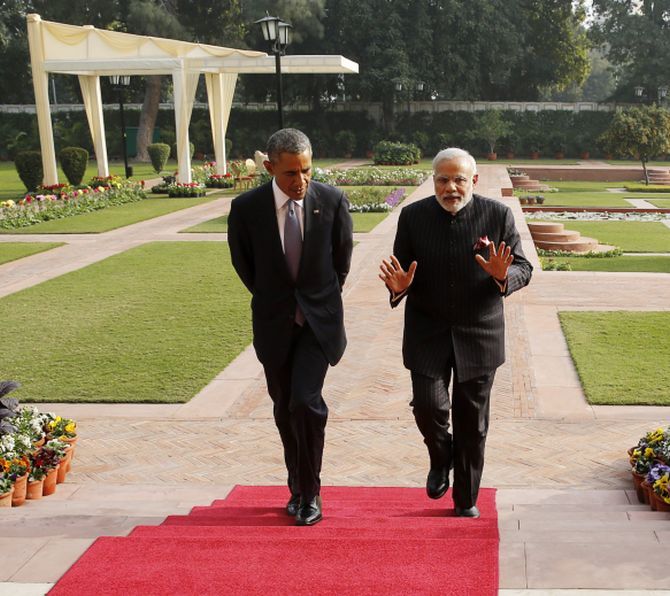 Prime Minister Narendra Modi and US President Barack Obama at Hyderabad House, January 25, 2015.