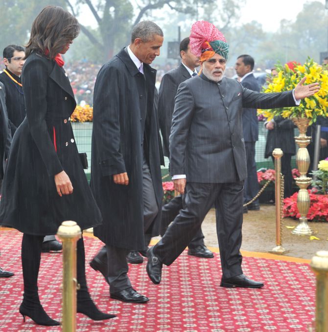 Prime Minister Narendra Modi with the Obamas at the Republic Day parade. Photograph: MEA/Flickr