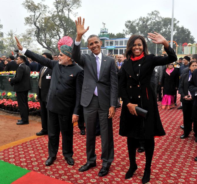 Barack and Michelle Obama with Narendra Modi on Republic Day