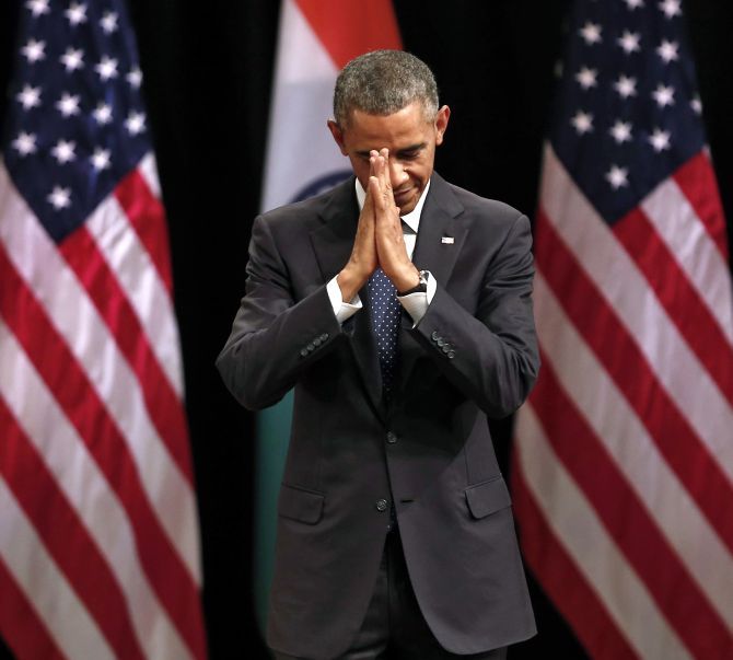 US President Barack Obama after he addressed the gathering at the Siri Fort Auditorium in New Delhi, January 27, 2015. Photograph: Jim Bourg/Reuters