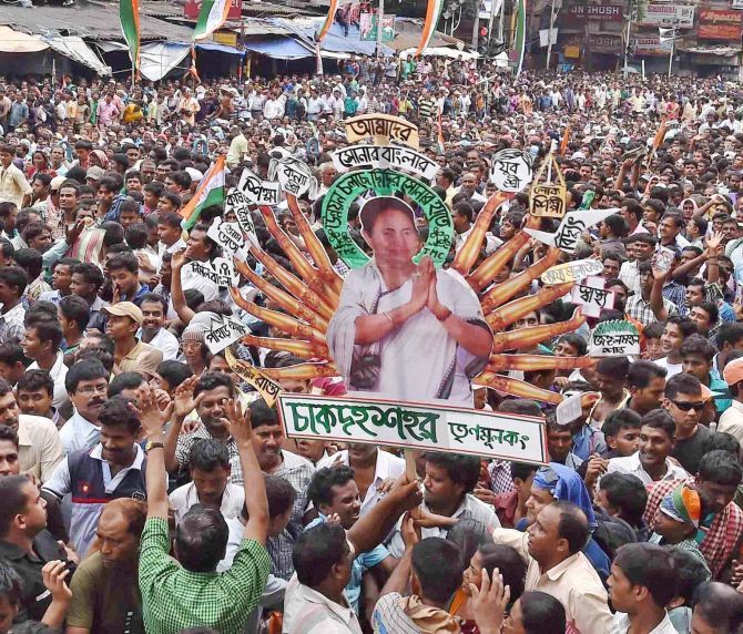 A huge cut-out of Trinamool Congress chief Mamata Banerjee during a rally in Kolkata last year. Photograph: Ashok Bhaumik/PTI